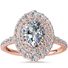 Anillo de compromiso con doble halo de diamantes ovalados Crescendo en oro rosado de 14 k (3/4 qt. total)